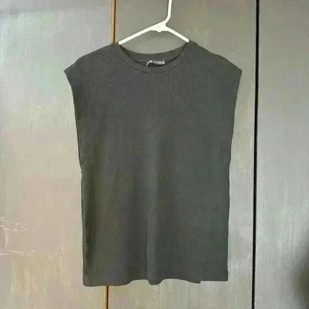 ZARA Women's Black Boxy Classic Top Wide Ribbed Hem‎ Trendy Chic Size S Small